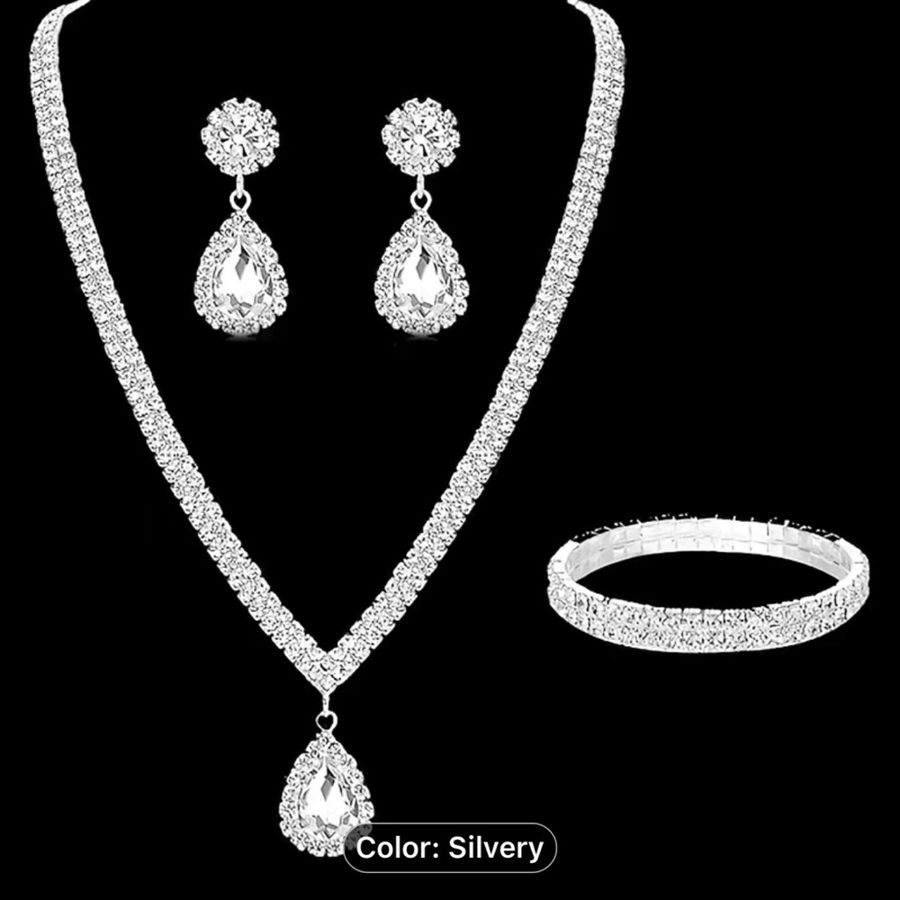4pcs Earrings Necklace Plus Bracelet Elegant Jewelry Set Inlaid Rhinestone